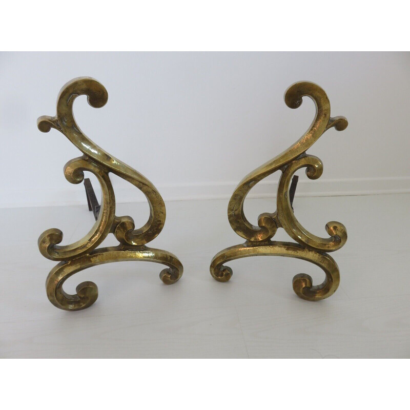 Paire de grands chenets Art nouveau vintage en bronze