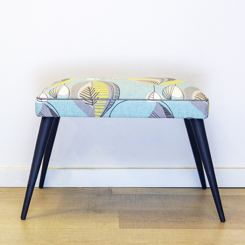 Mid century footrest in wood and fabric, Spain 1950s