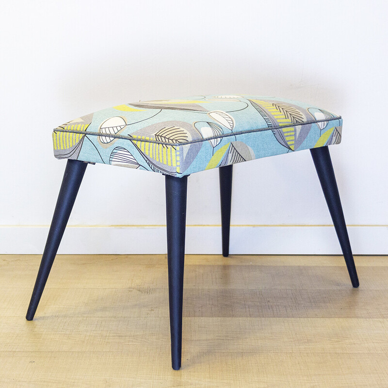 Mid century footrest in wood and fabric, Spain 1950s