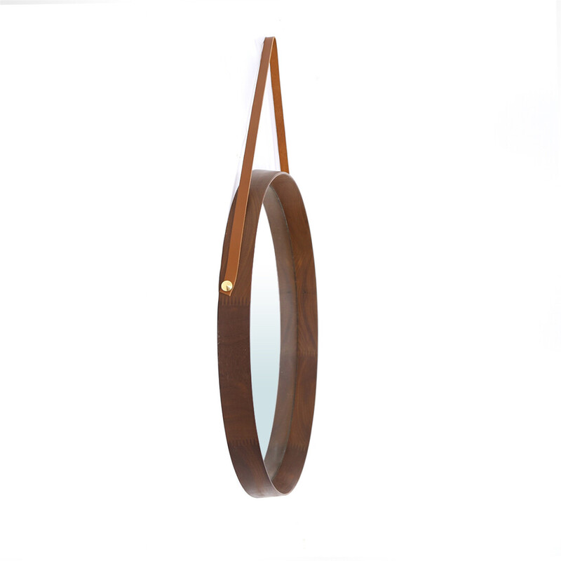 Vintage round mirror with leather strap, 1960s