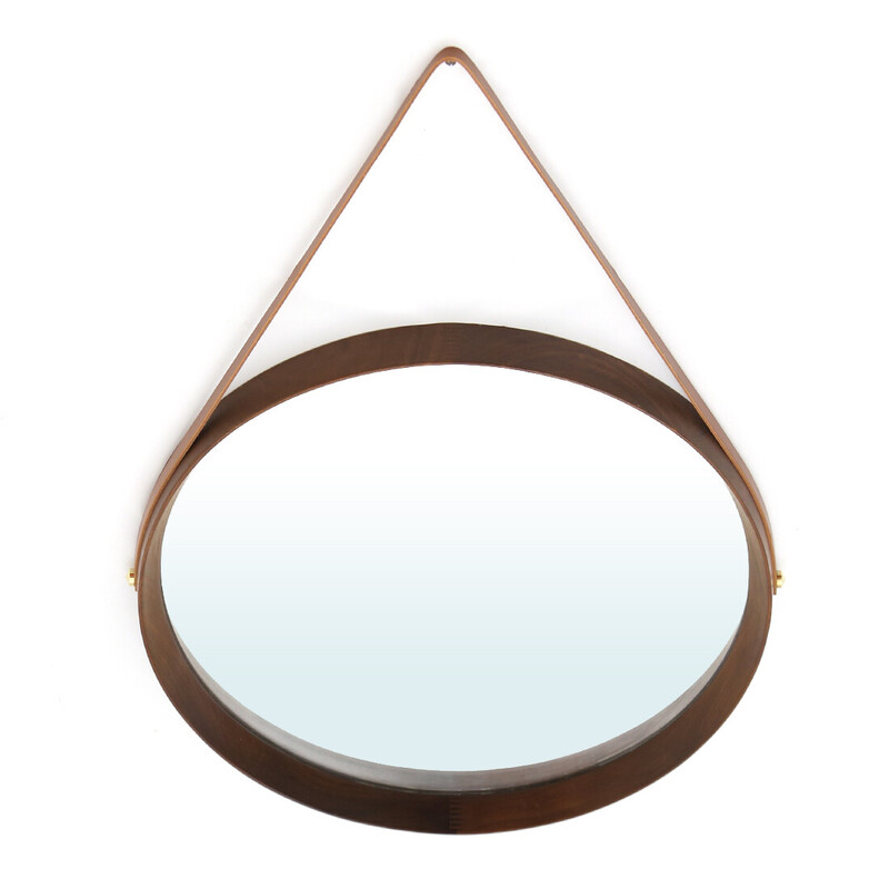 Vintage round mirror with leather strap, 1960s