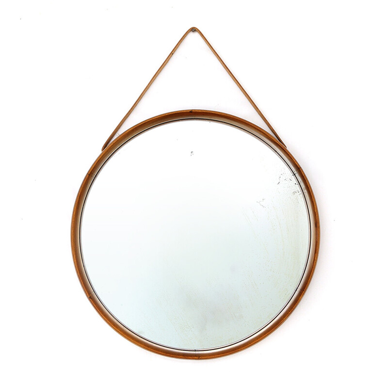 Vintage ronde spiegel met leren riem van Uno en Östen Kristiansson voor Luxus, jaren 1960