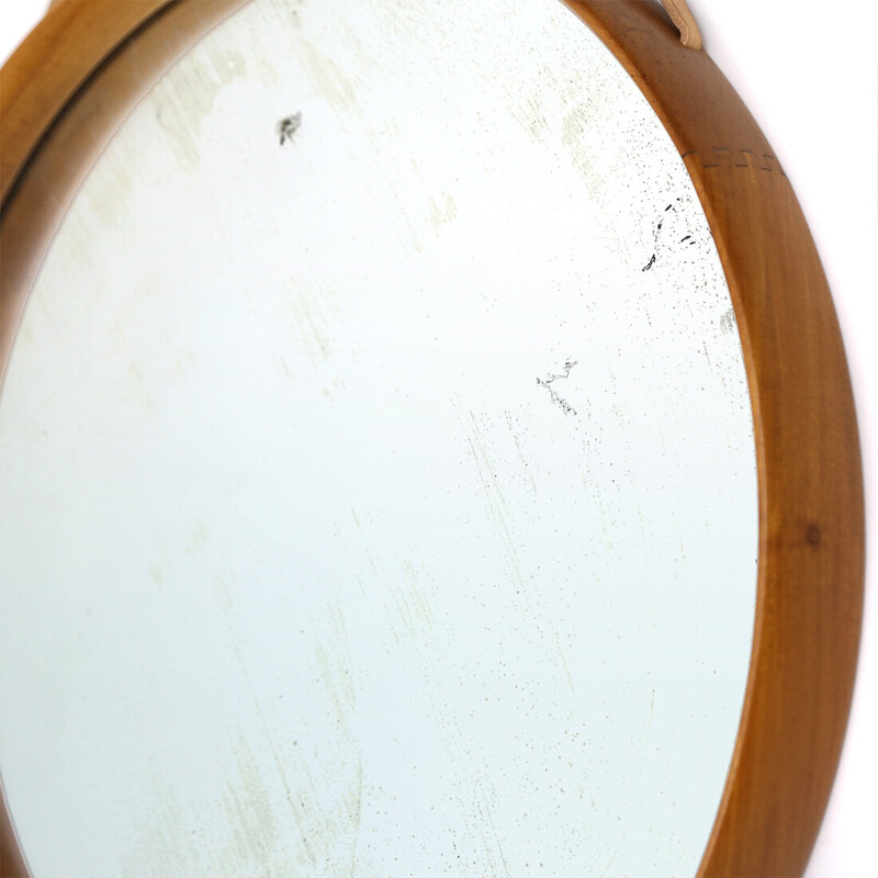 Vintage round mirror with leather strap by Uno and Östen Kristiansson for Luxus, 1960s