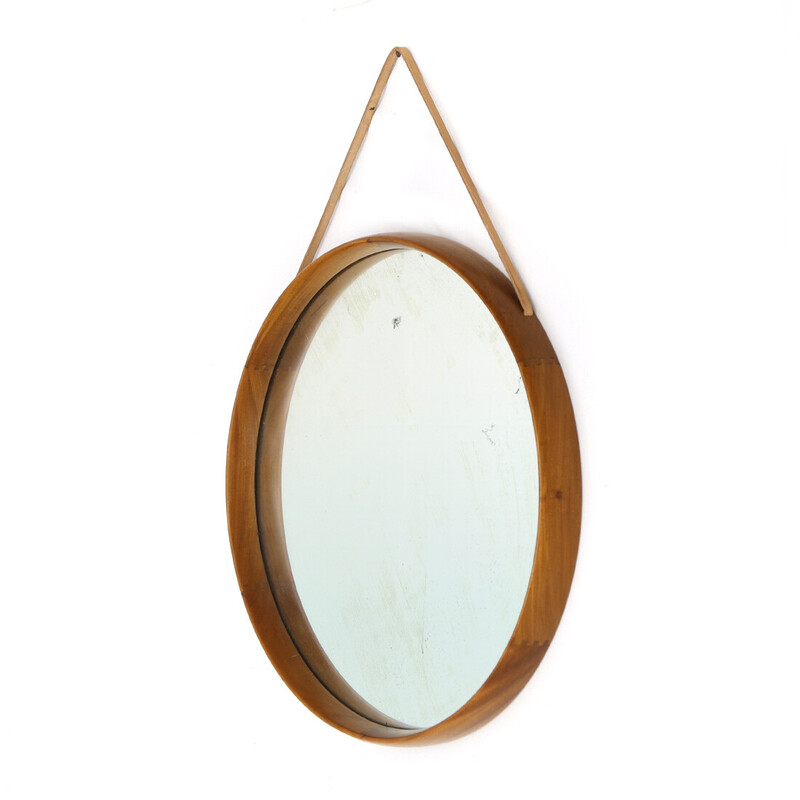 Vintage round mirror with leather strap by Uno and Östen Kristiansson for Luxus, 1960s