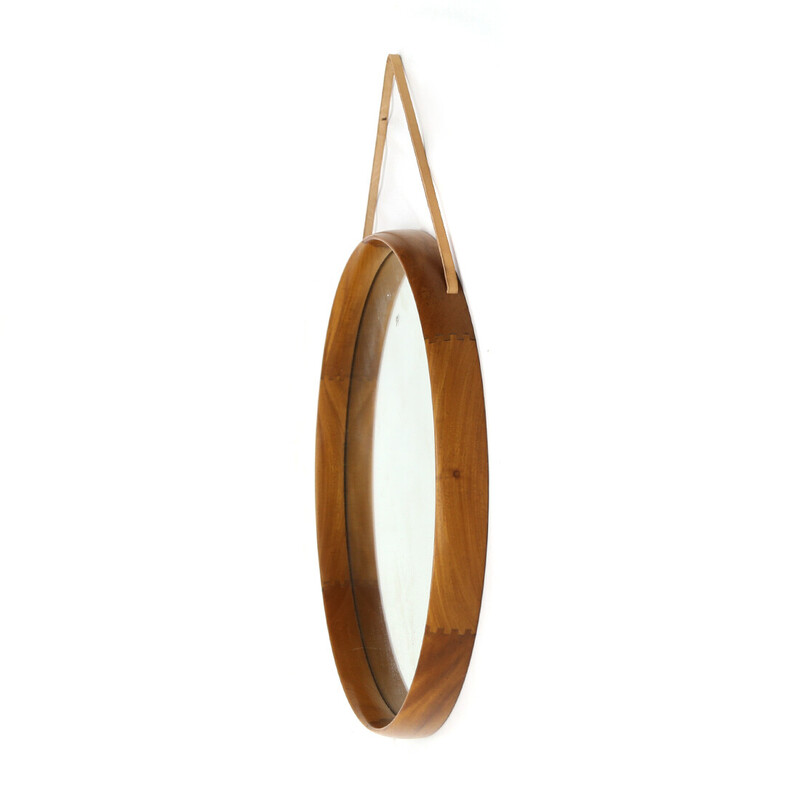 Vintage round mirror with leather strap by Uno and Östen Kristiansson for Luxus, 1960s