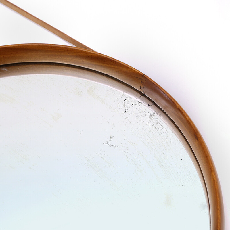 Vintage round mirror with leather strap by Uno and Östen Kristiansson for Luxus, 1960s