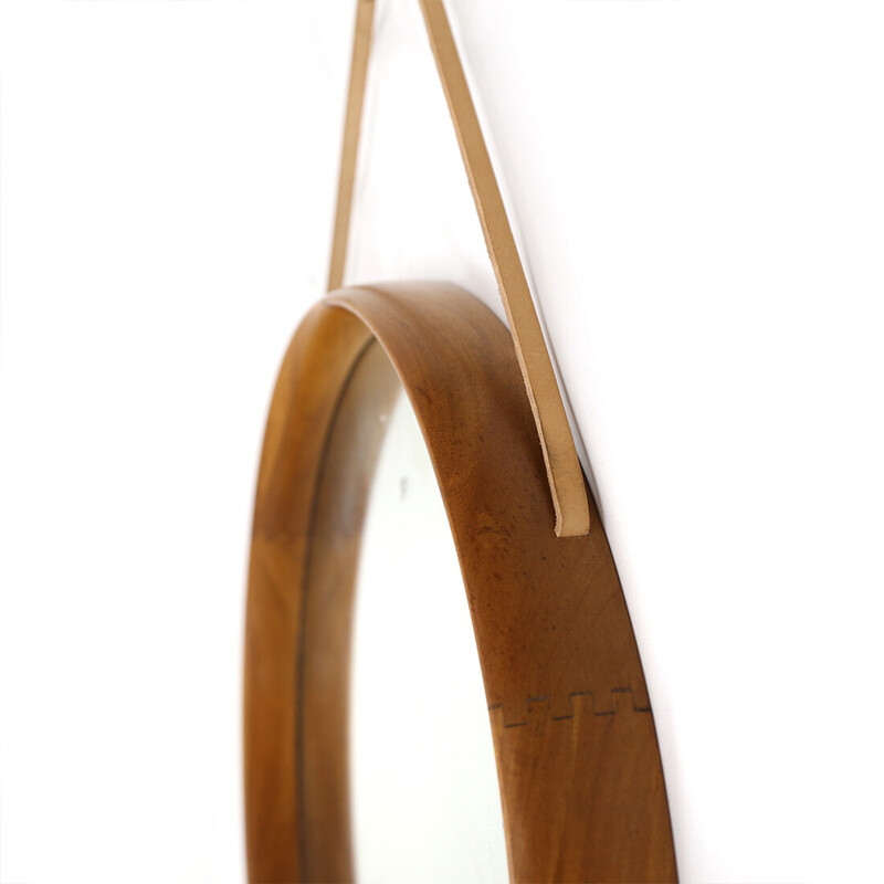 Vintage round mirror with leather strap by Uno and Östen Kristiansson for Luxus, 1960s