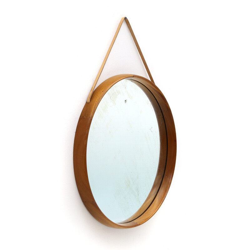 Vintage round mirror with leather strap by Uno and Östen Kristiansson for Luxus, 1960s