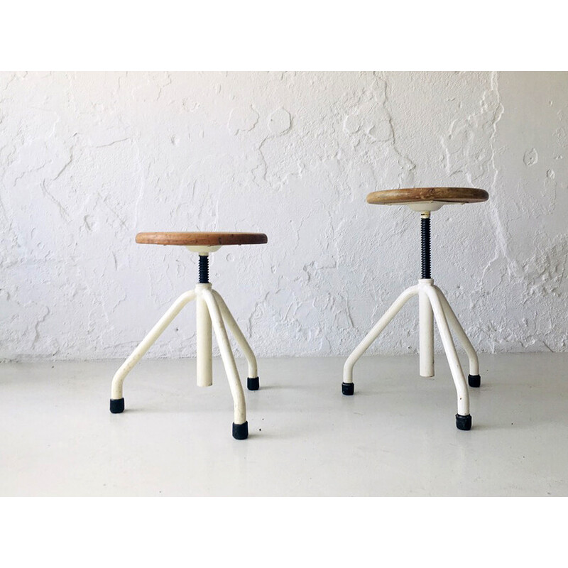 Pair of vintage industrial adjustable stools, 1950s