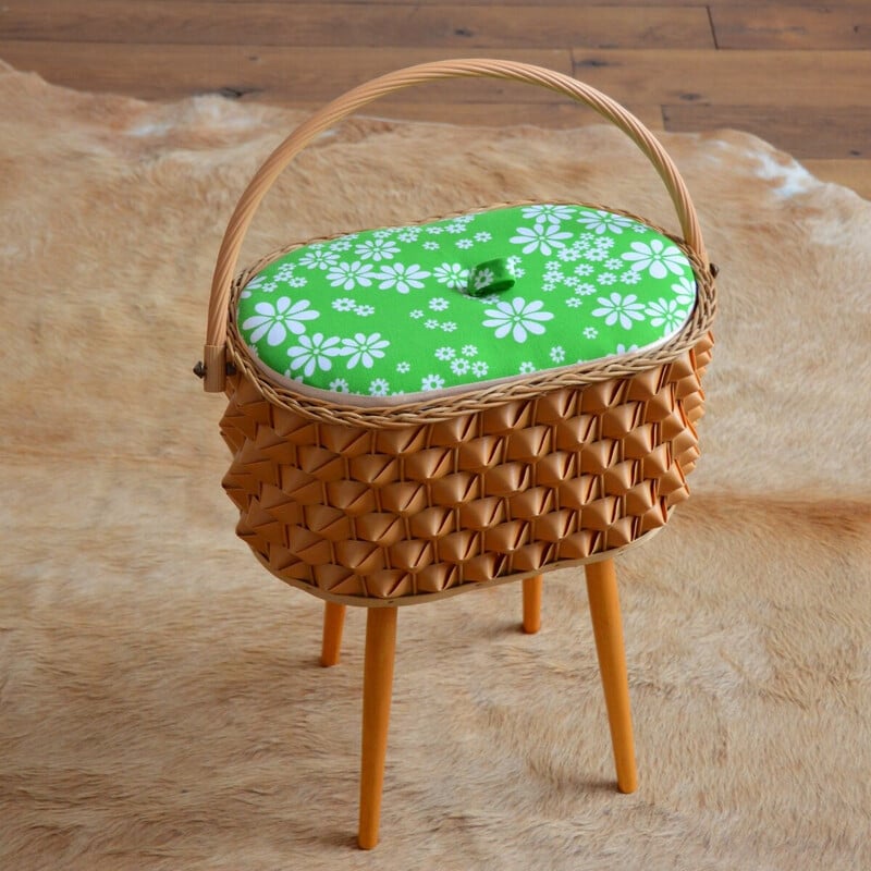 Boîte à couture vintage en bois et rotin, 1960