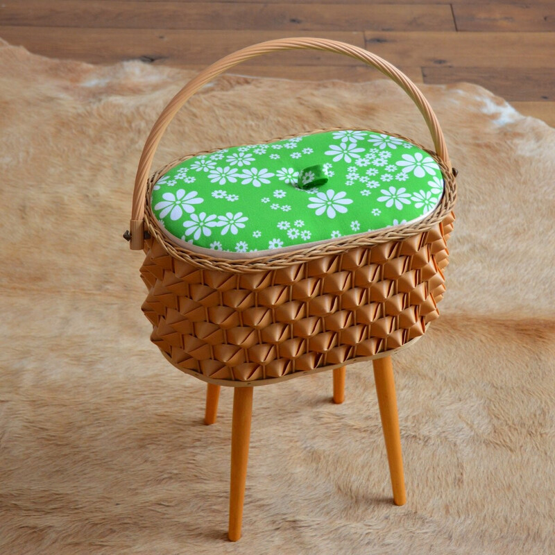 Vintage sewing box in wood and rattan, 1960