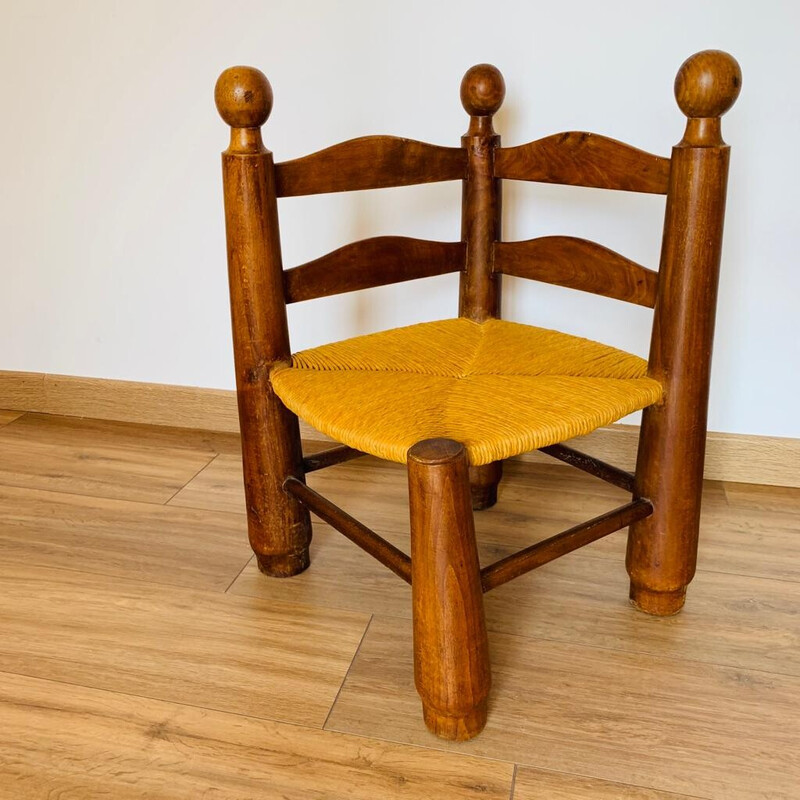 Silla esquinera vintage de madera y paja de Charles Dudouyt, 1940