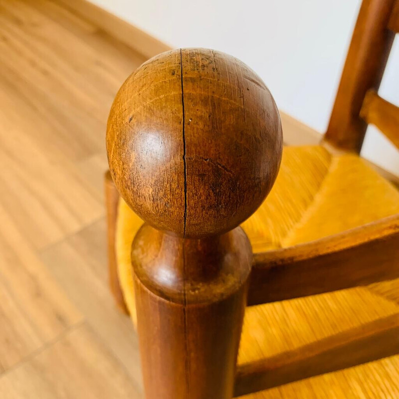 Vintage wood and straw corner chair by Charles Dudouyt, 1940