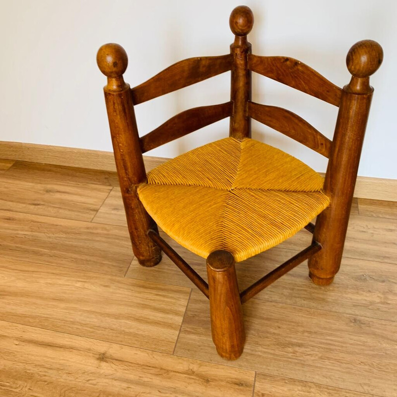 Silla esquinera vintage de madera y paja de Charles Dudouyt, 1940