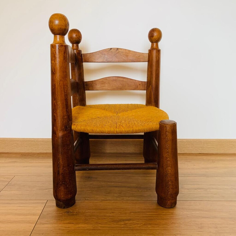 Silla esquinera vintage de madera y paja de Charles Dudouyt, 1940