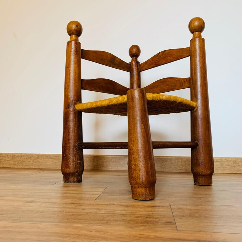 Silla esquinera vintage de madera y paja de Charles Dudouyt, 1940