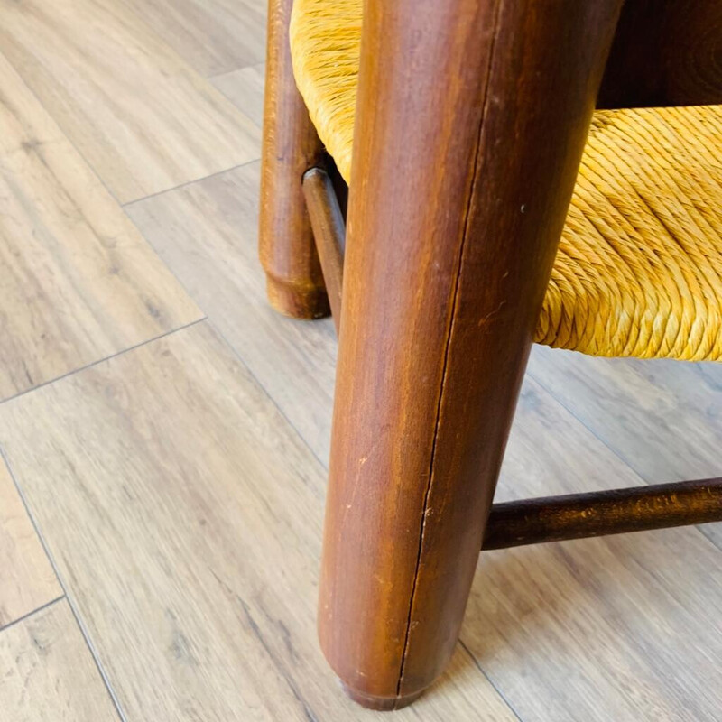 Vintage wood and straw corner chair by Charles Dudouyt, 1940