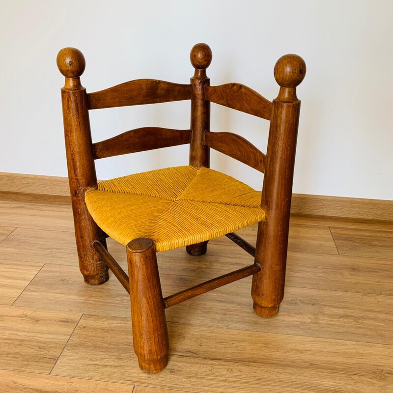 Vintage wood and straw corner chair by Charles Dudouyt, 1940