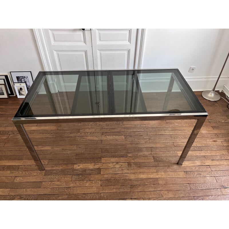 Vintage wood and glass table with extensions by Milo Baughman, 1970