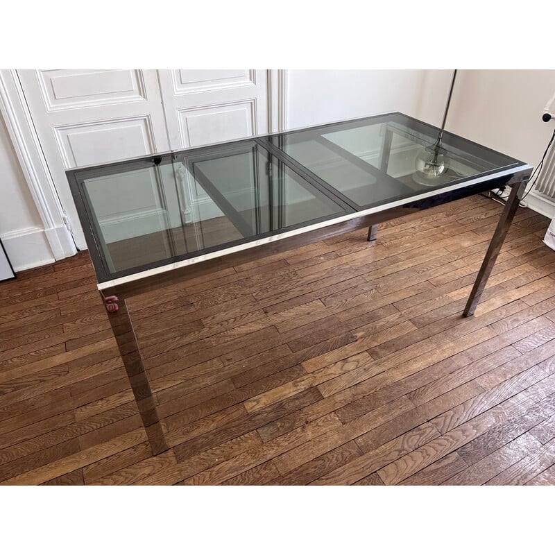 Vintage wood and glass table with extensions by Milo Baughman, 1970