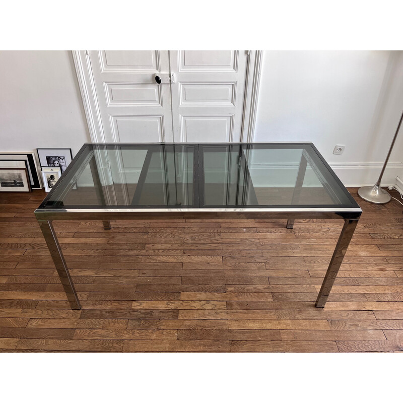 Vintage wood and glass table with extensions by Milo Baughman, 1970