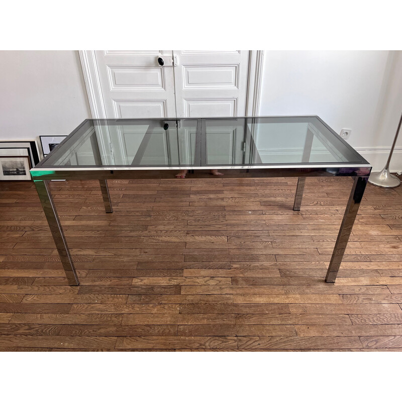 Vintage wood and glass table with extensions by Milo Baughman, 1970