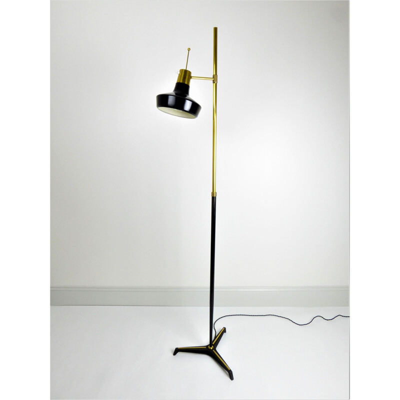 Adjustable floor lamp in black metal and brass- 1960s