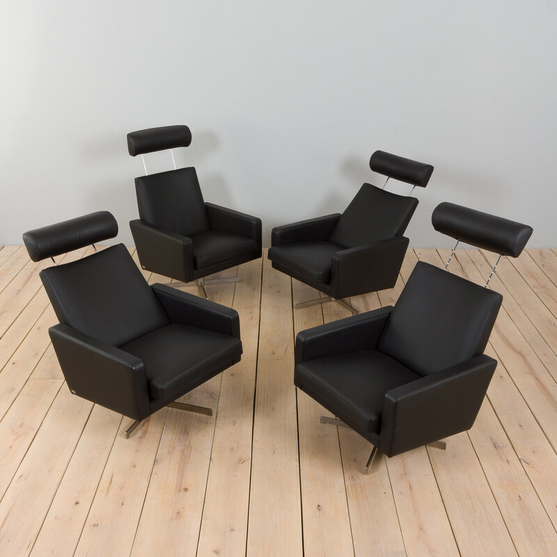 Set of 4 Skipper Danish mid century recliner black leather armchairs, 1980s