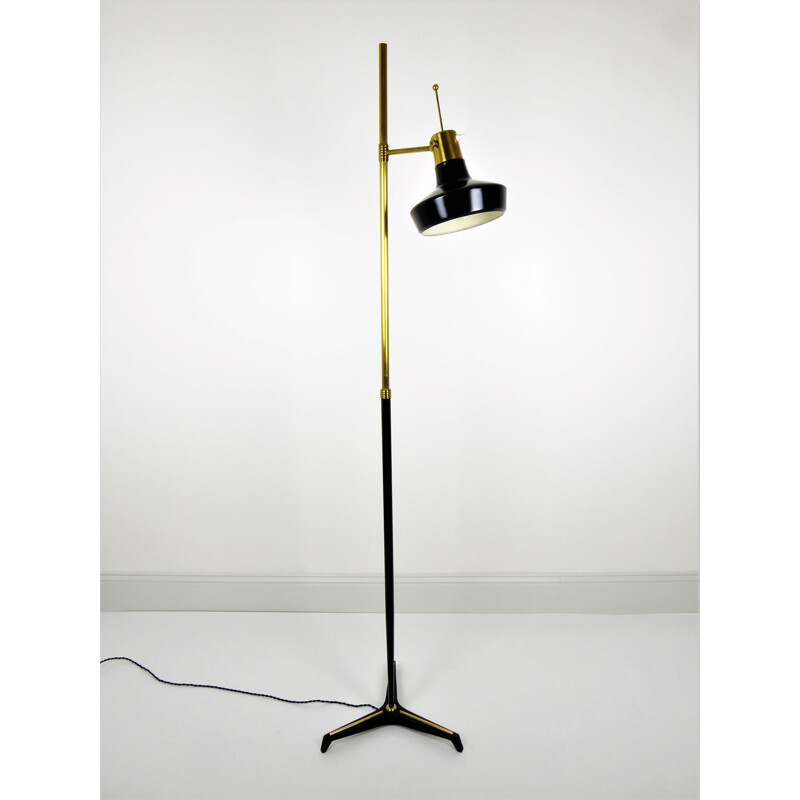 Adjustable floor lamp in black metal and brass- 1960s