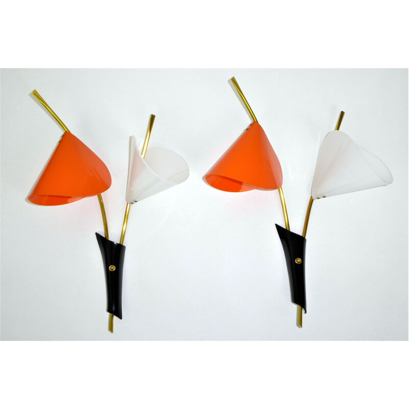 Pair of 2 "Arum" wall lamps in white and orange ABS and brass- 1960s