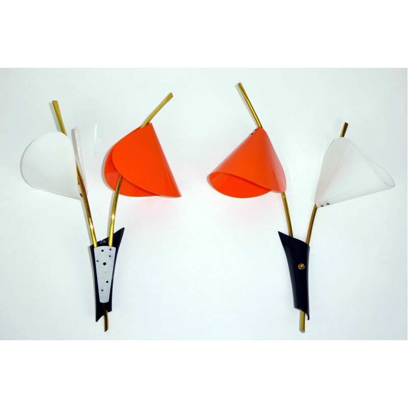 Pair of 2 "Arum" wall lamps in white and orange ABS and brass- 1960s