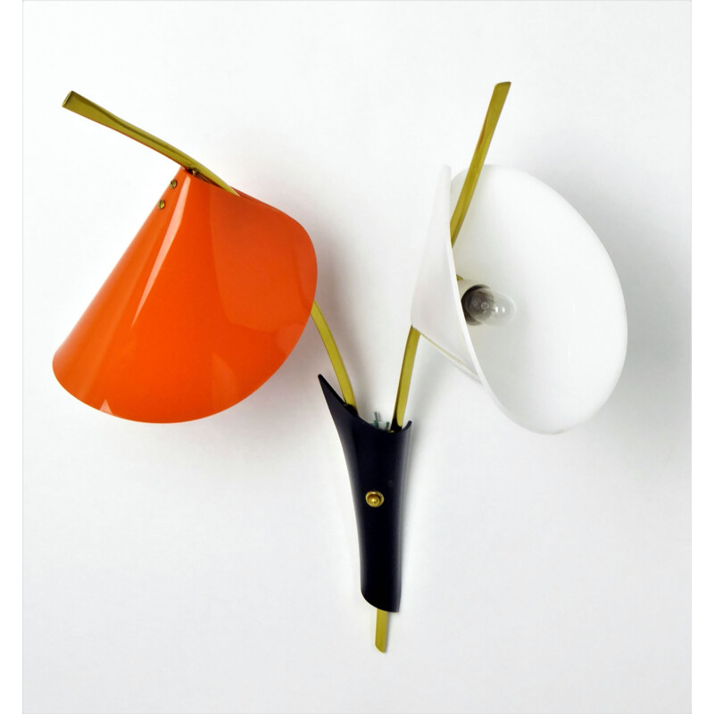 Pair of 2 "Arum" wall lamps in white and orange ABS and brass- 1960s