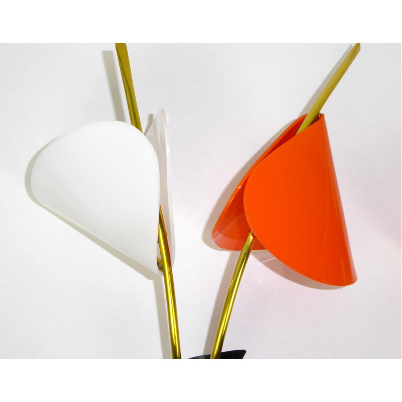 Pair of 2 "Arum" wall lamps in white and orange ABS and brass- 1960s
