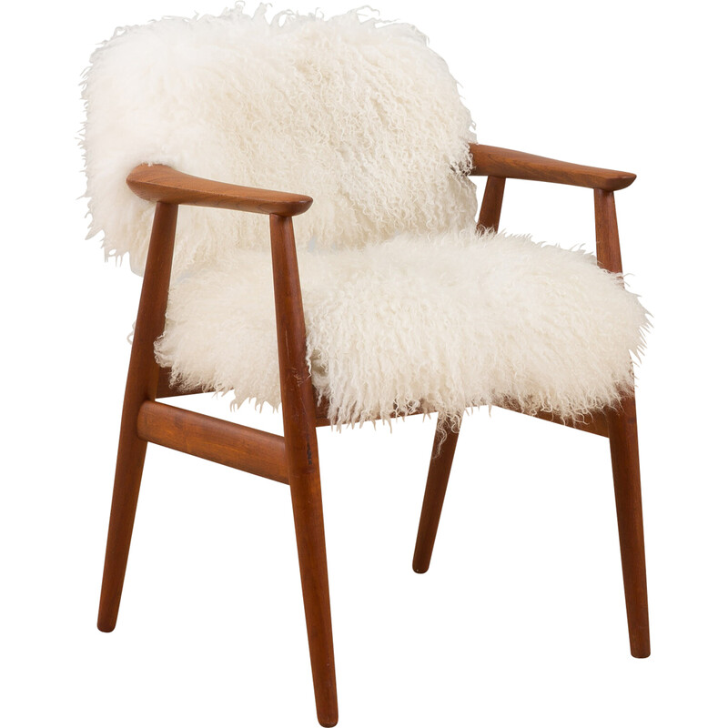 Vintage teak armchair in long hair Tibetan sheepskin wool upholstery by Erik Kierkegaard, Denmark 1960