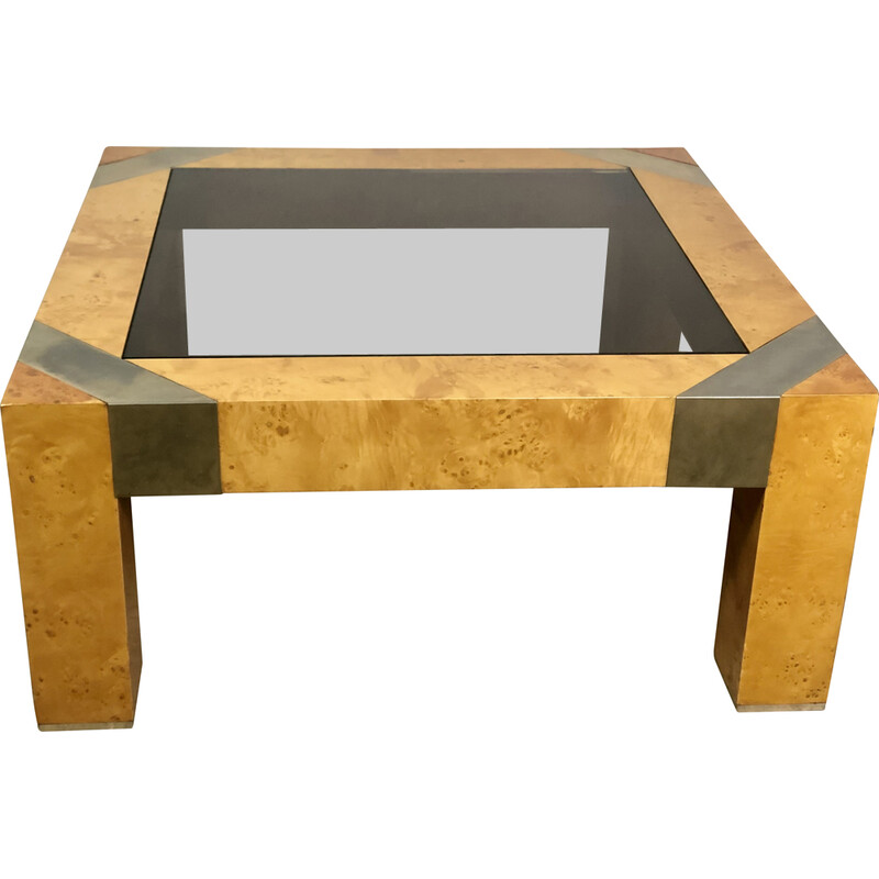 Vintage coffee table in brushed wood and smoked glass top by Milo Baughman, 1970