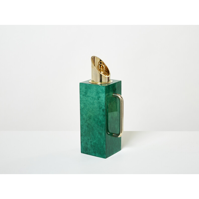 Vintage thermos jug in green parchment and brass by Aldo Tura, 1960