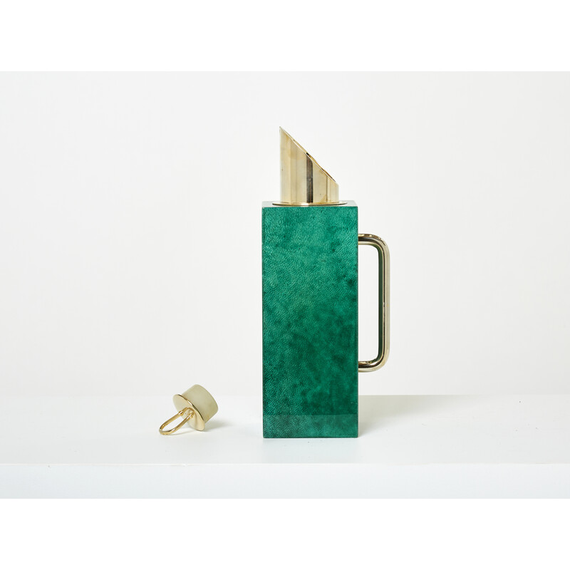 Vintage thermos jug in green parchment and brass by Aldo Tura, 1960