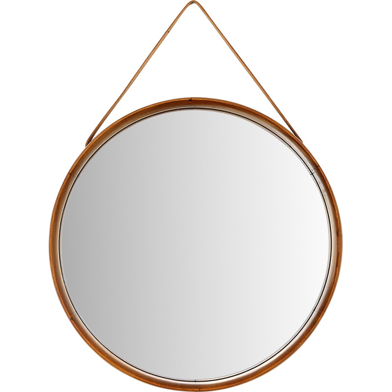 Maak een bed goud Disciplinair Vintage ronde spiegel met leren riem van Uno en Östen Kristiansson voor  Luxus, jaren 1960