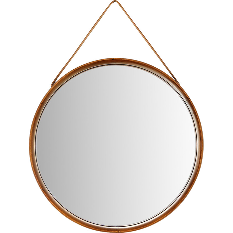 Vintage round mirror with leather strap by Uno and Östen Kristiansson for Luxus, 1960s