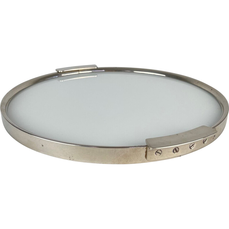 Vintage Art Deco chrome and milk glass round tray, 1930s