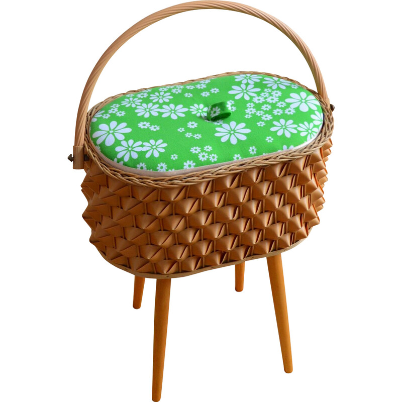 Vintage sewing box in wood and rattan, 1960