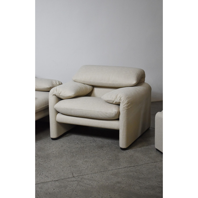 Pair of vintage armchairs and ottoman model Maralunga by Vico Magistretti for Cassina, Italy
