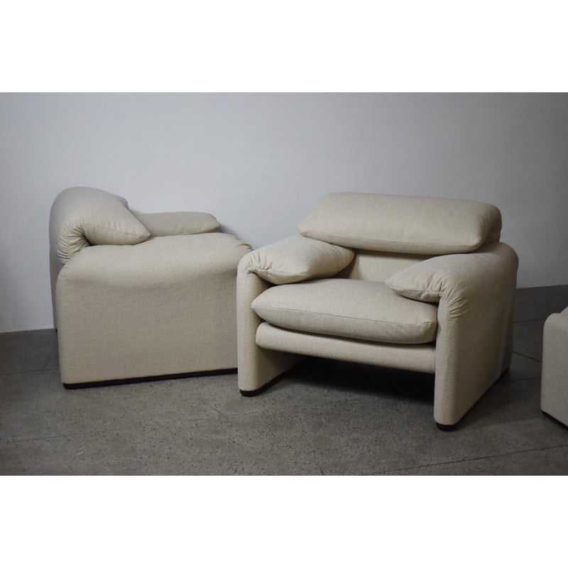 Pair of vintage armchairs and ottoman model Maralunga by Vico Magistretti for Cassina, Italy