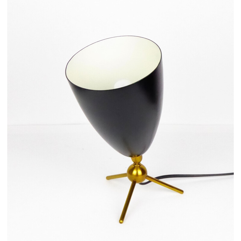 Lampe de table conique noire en métal laqué et laiton - 1950