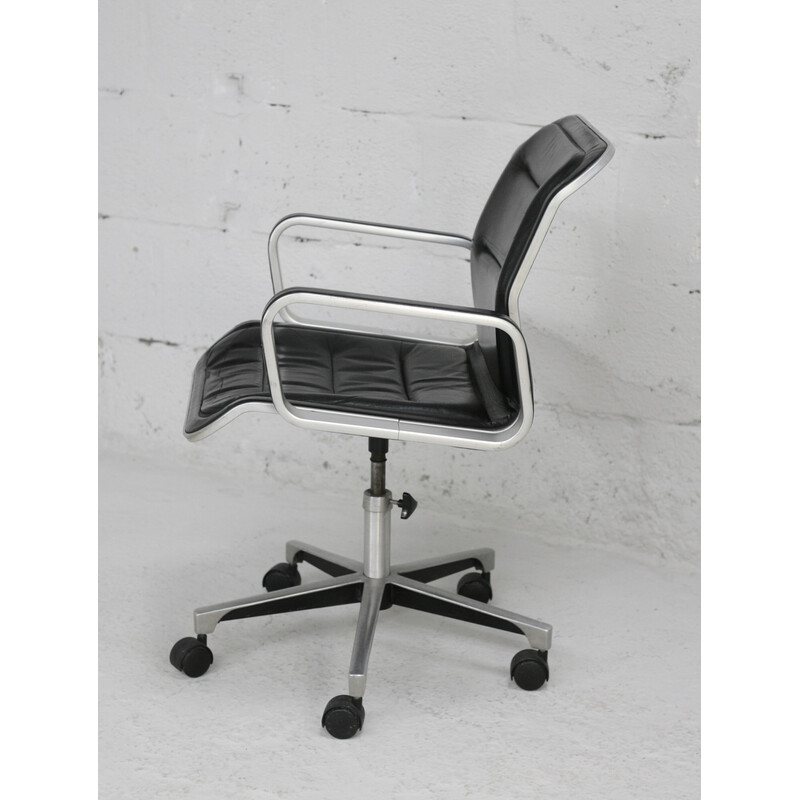 Vintage office armchair in black leather and aluminum, France 1970