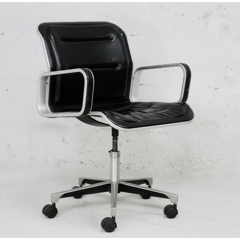 Cadeira de escritório em couro preto e alumínio Vintage, França 1970
