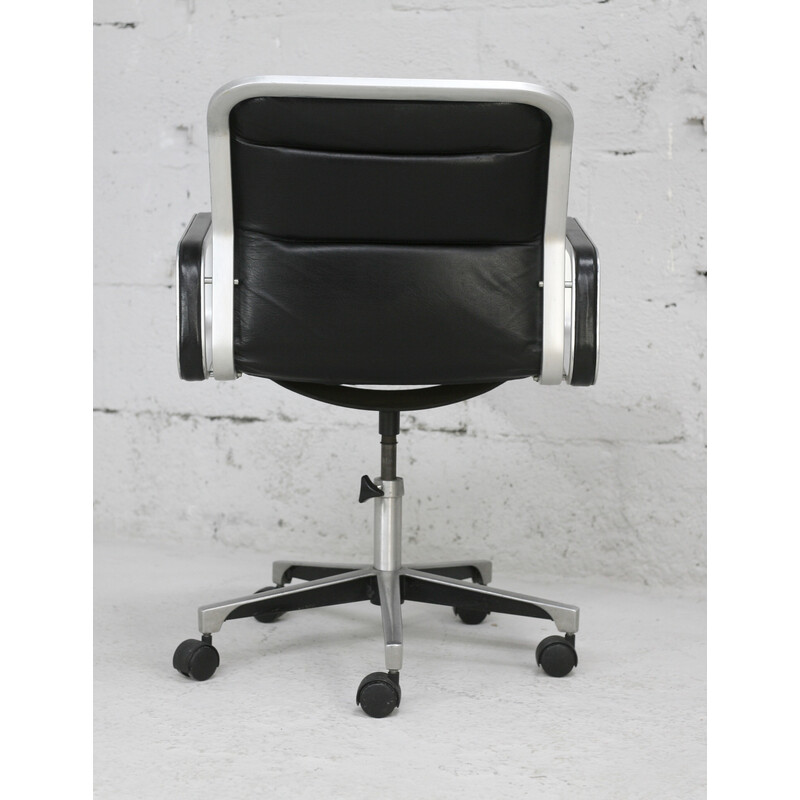 Vintage office armchair in black leather and aluminum, France 1970