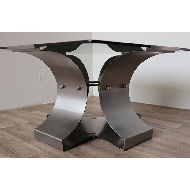 Vintage coffee table in brushed steel and glass by François Monnet, 1970