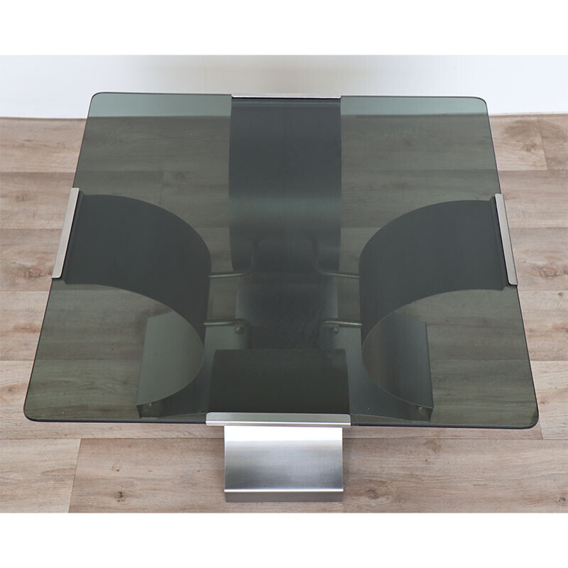 Vintage coffee table in brushed steel and glass by François Monnet, 1970