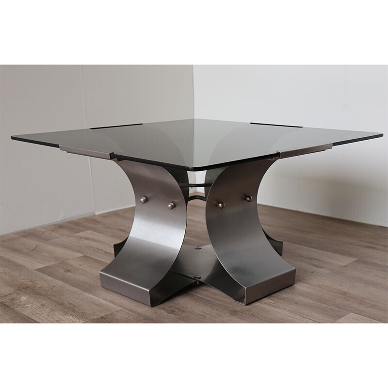 Vintage coffee table in brushed steel and glass by François Monnet, 1970